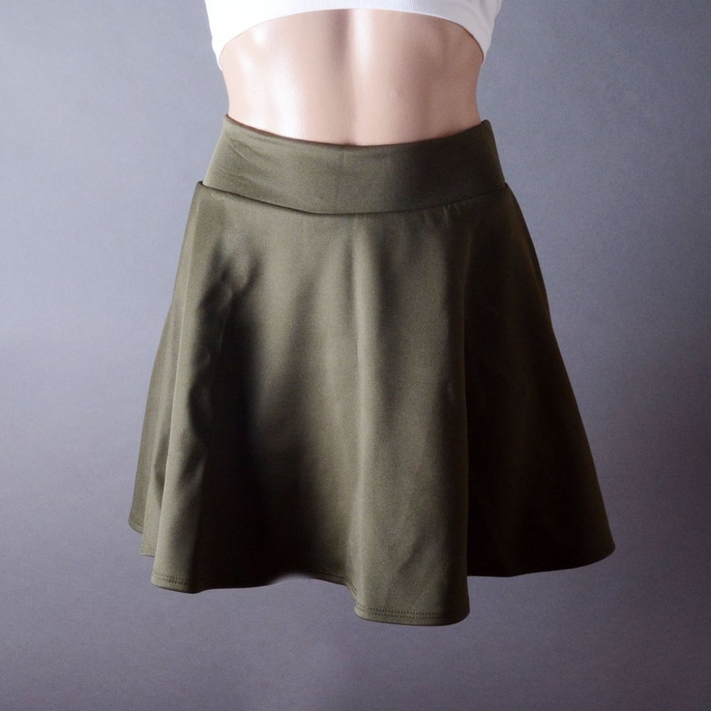 Casual Womens Olive Green High Waist A-line Skater Flared Pleated Cute Min Skirt